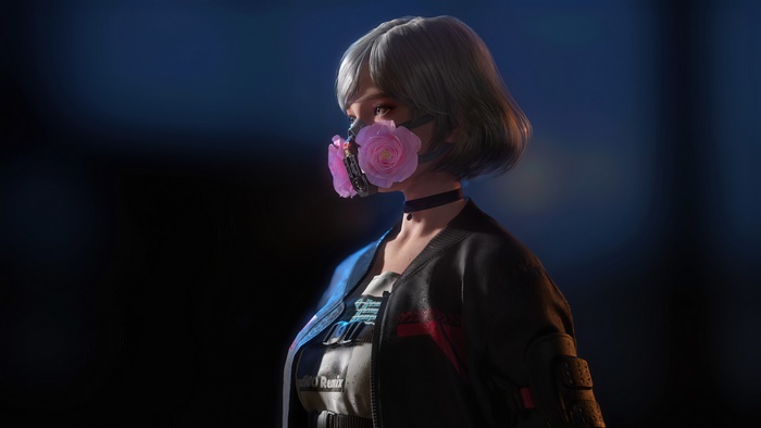 Cyberpunk girl with flower gas mask