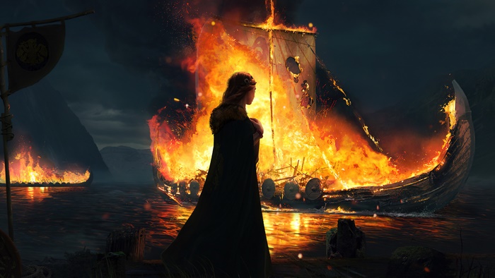 Viking funeral ship burning at sea