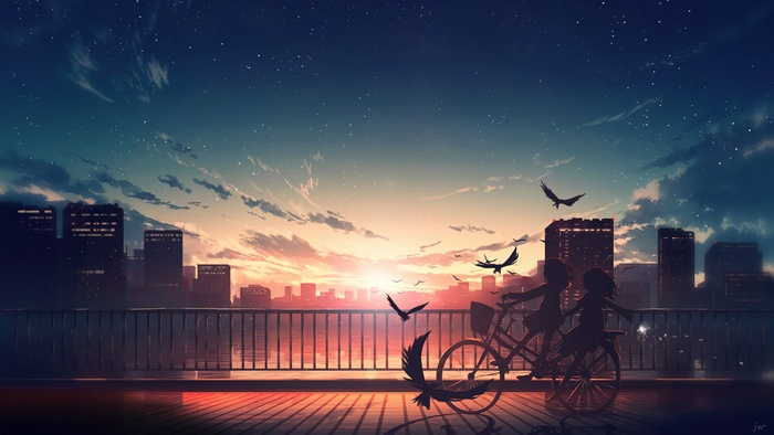 sunrise, scenery, anime, city, silhouette, 4k, HD Wallpaper | Rare Gallery