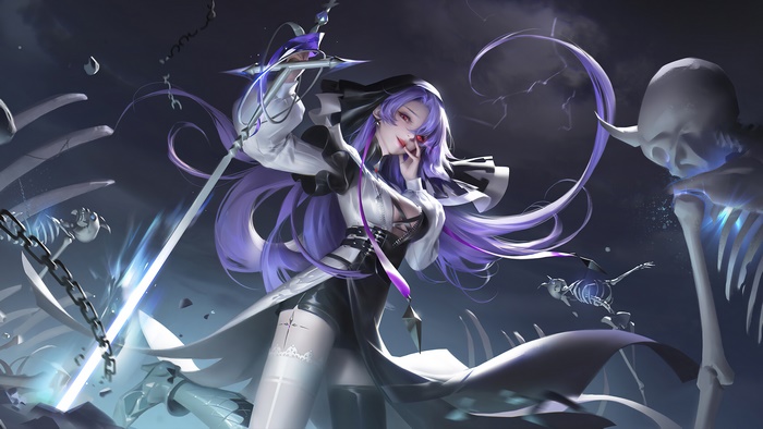 Girl warrior with sword and skeletons 4K