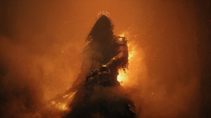 Fantasy warrior in fire and smoke