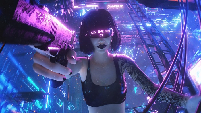 Cybeprunk girl with pistol in sci-fi city 4K