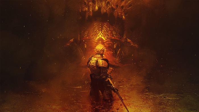 Warrior facing a giant monster in Mortal Shell 4K
