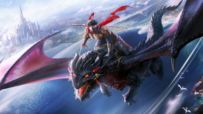 Warrior riding a dragon with a castle in the background 4K