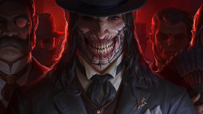 Villains in formal wear with a monstrous figure in the center