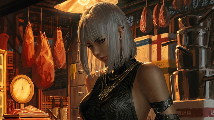 Anime girl with white hair in a butcher shop