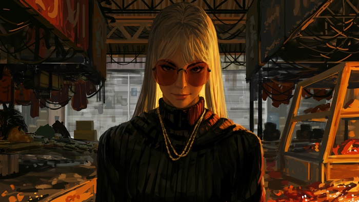 Blonde girl with sunglasses in a market 4K