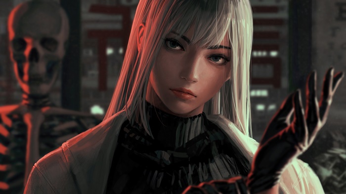 Girl in black gloves with skeleton in background 4K