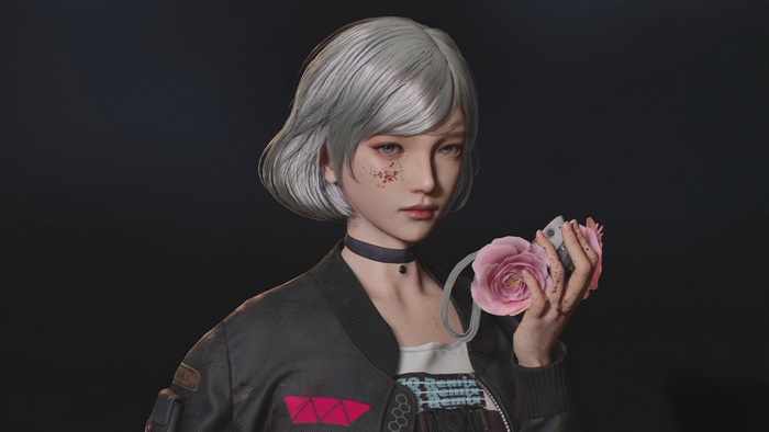 Cyberpunk girl with a pink rose