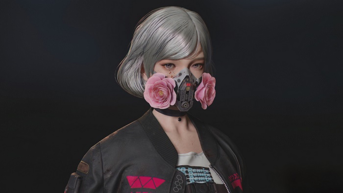 Cyberpunk girl with flowers on gas mask 4K