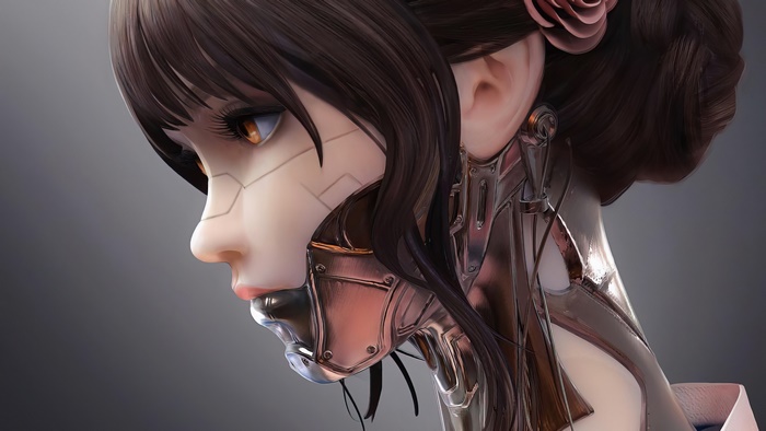 Cyberpunk girl with mechanical neck and face details 4K