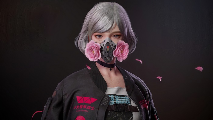 Cyberpunk girl with flower gas mask 4K