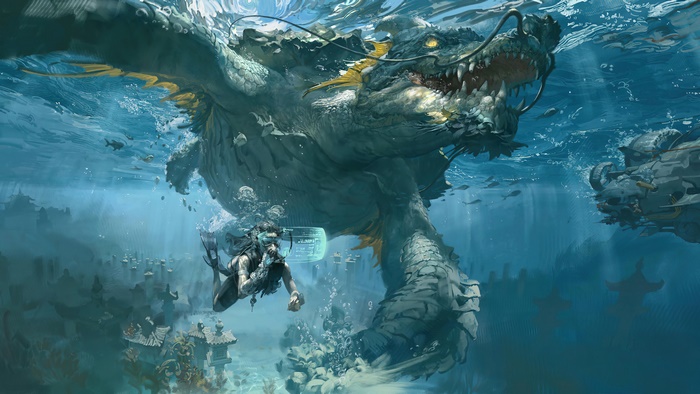 Giant Dragon Turtle and Diver Underwater 4K