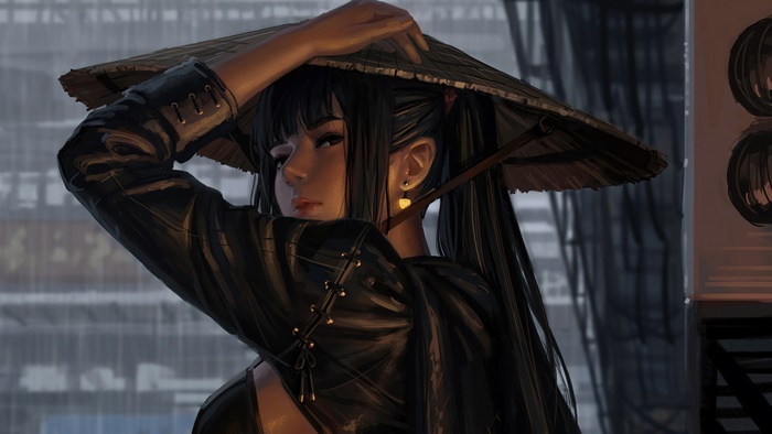 Girl warrior with katana wearing straw hat