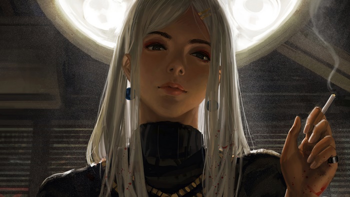 Anime girl smoking under a medical lamp 4K