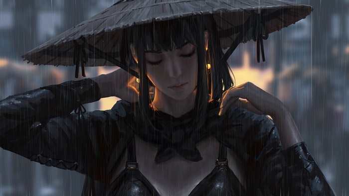 Girl in a conical hat in the rain