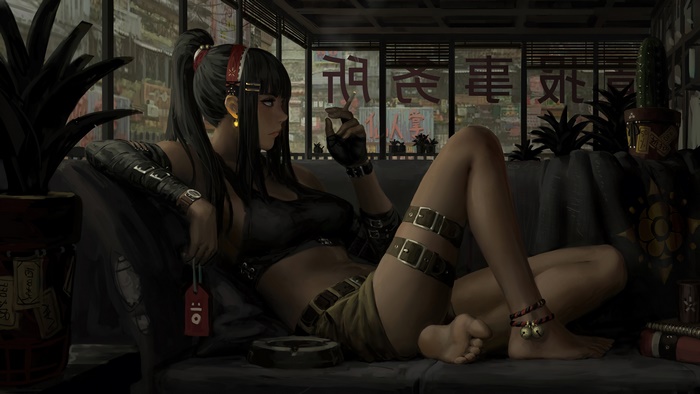 Girl smoking on a couch in a cyberpunk city 4K