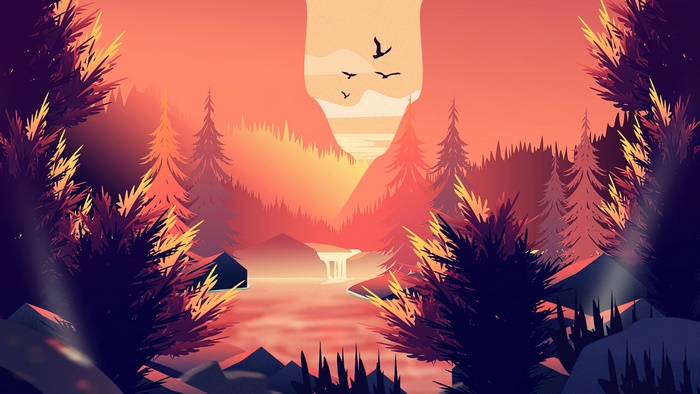 Minimalist sunset over a river with pine trees