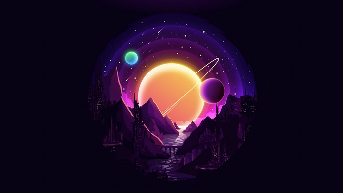 Minimalist 4K Sci-Fi Landscape with Planets and Mountains