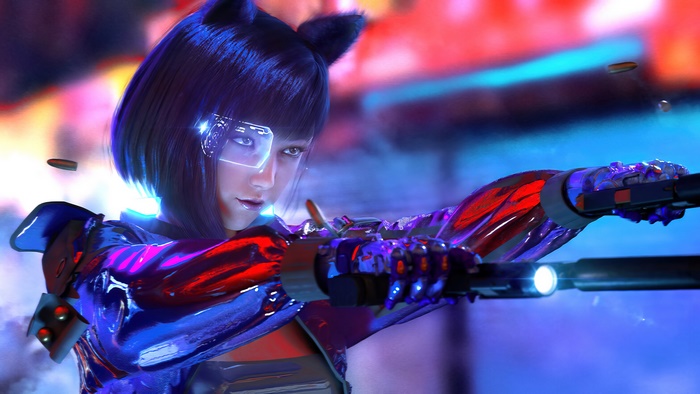 Cyberpunk girl with cat ears and guns 4K
