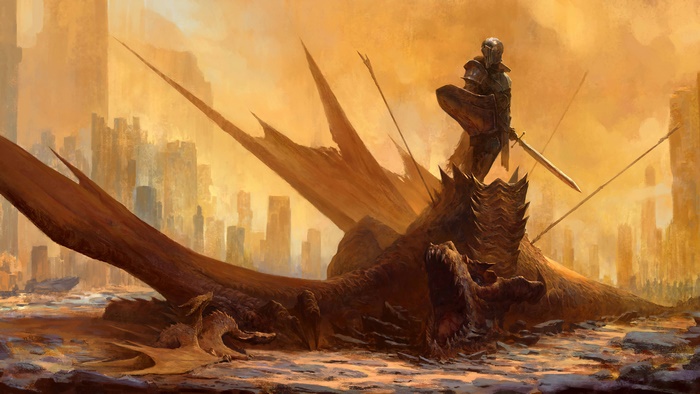 Knight standing on a dead dragon in a ruined city