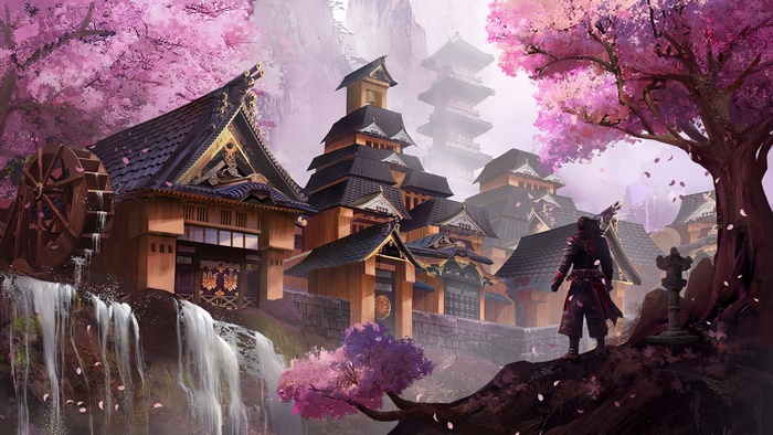 Japanese Castle with Cherry Blossoms and Waterfall