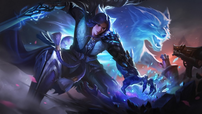 Fantasy warrior with ice wolf and gun