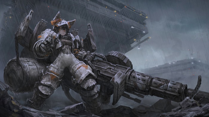 Sci-fi girl with a large gun in the rain