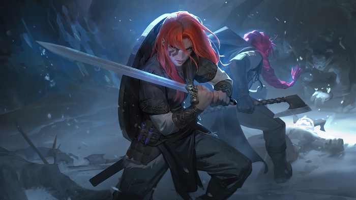 Two female warriors in battle with swords and axes