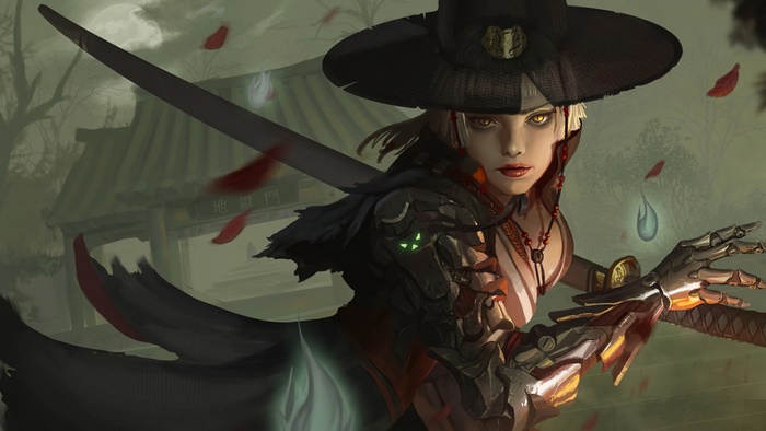 Fantasy warrior girl with sword and cybernetic arm