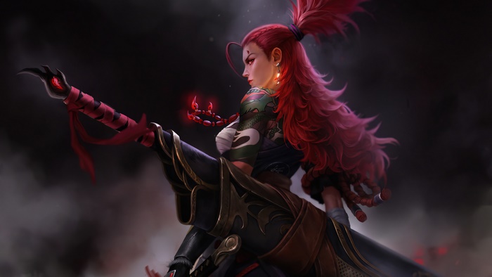 Warrior girl with red hair and scorpion tattoo holding a weapon