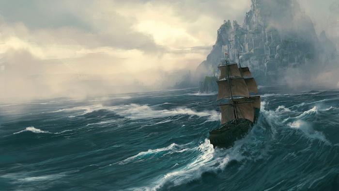 Ship sailing through rough seas near a misty island city