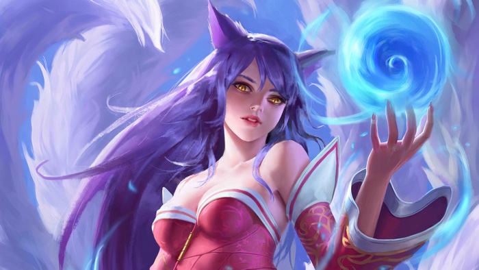 Ahri from League of Legends holding a blue orb