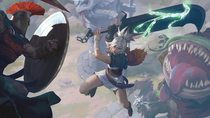 Riven and Pantheon from League of Legends fighting Tahm Kench
