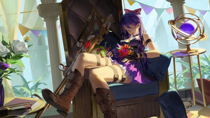 Caitlyn from League of Legends sleeping on a throne