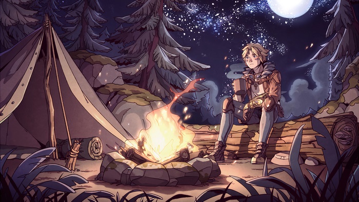 Ezreal from League of Legends camping at night