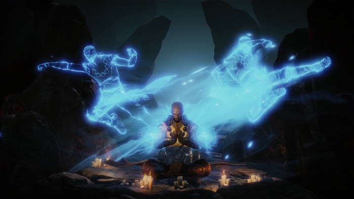 Monk meditating with blue spirit projections in Diablo Immortal 4K