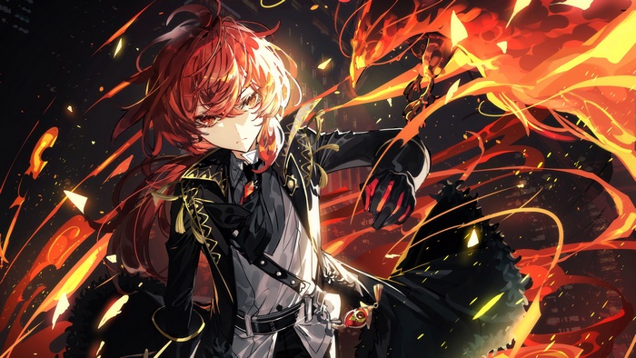 Diluc from Genshin Impact in Fiery Scene