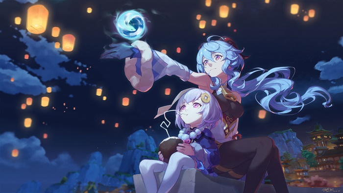 Ganyu and Qiqi from Genshin Impact releasing lanterns