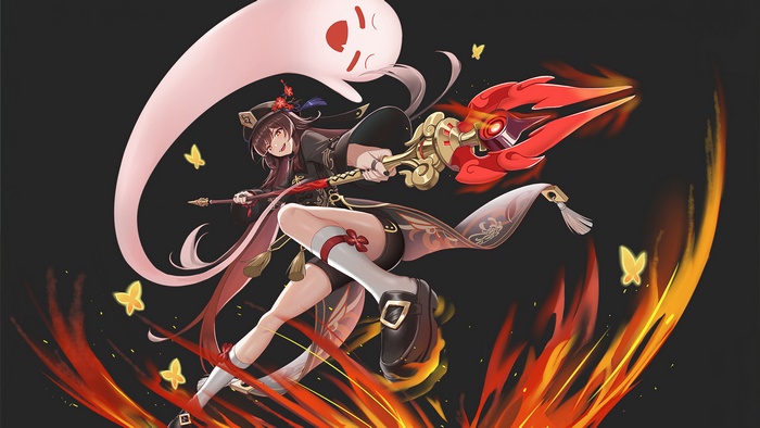 Hu Tao from Genshin Impact with a ghost and fire