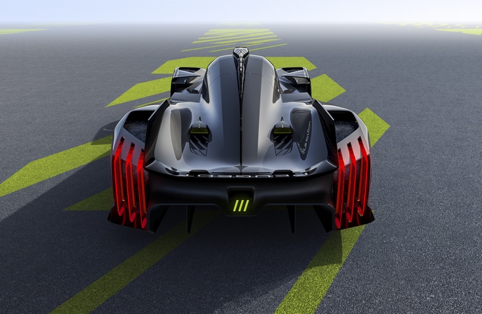 Peugeot 9X8 Hypercar rear view on track