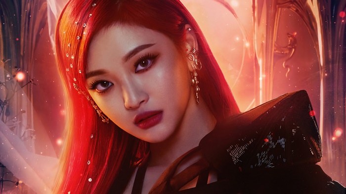 Ningning from aespa with red hair and jewelry