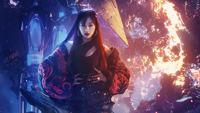 Giselle from aespa in a futuristic setting