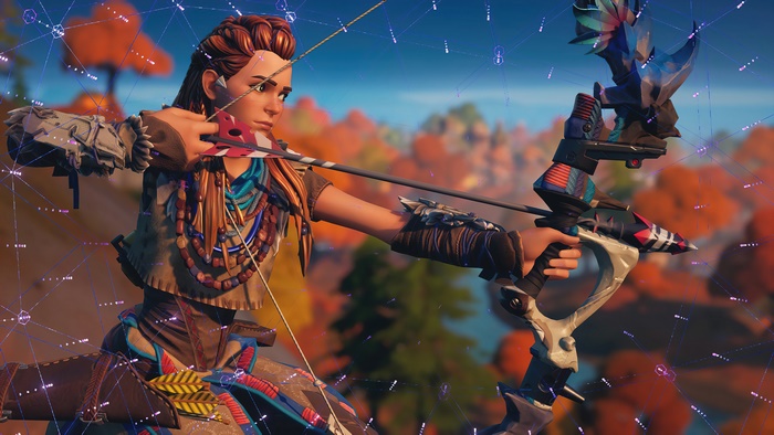 Aloy from Fortnite aiming a bow and arrow