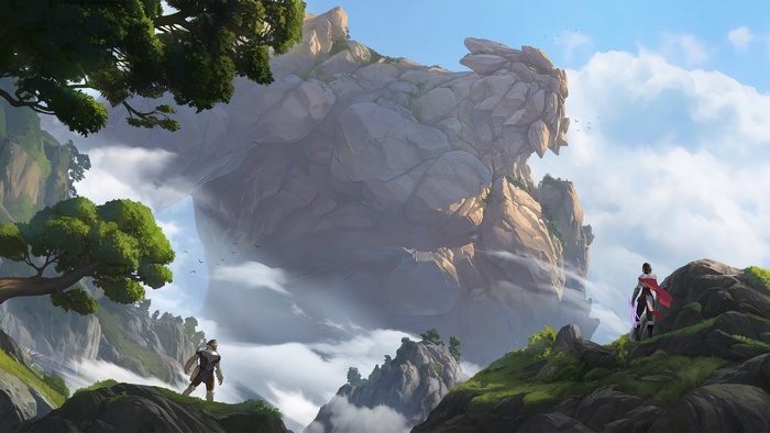 Malphite from League of Legends in a mountainous landscape