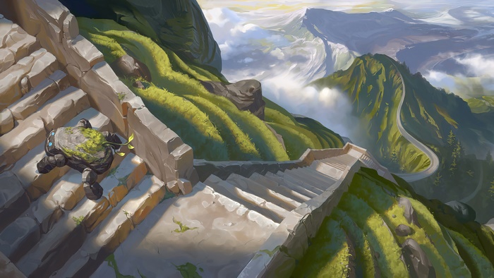 Stone creature on spiral stairs in mountains