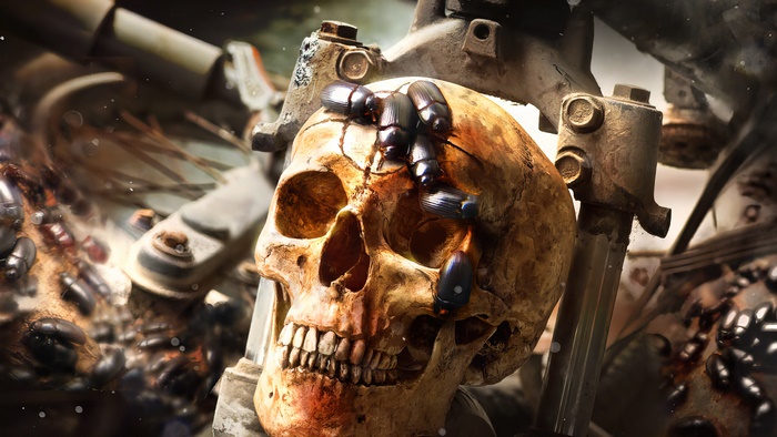 Skull with beetles and motorcycle parts