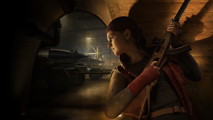 Girl with rifle in Call of Duty: Black Ops Cold War hangar