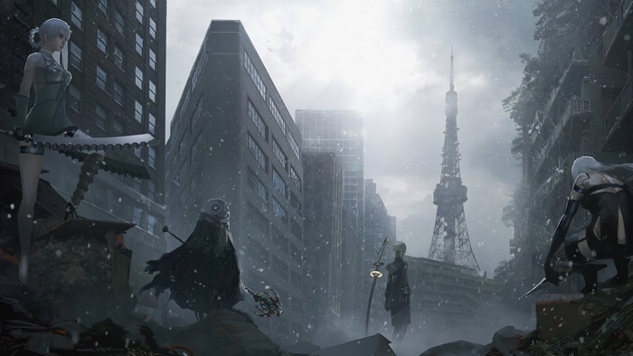 Kainé and Emil from Nier Replicant in a ruined city