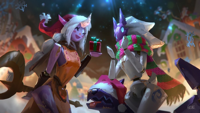 Soraka and Kindred from League of Legends celebrating Christmas